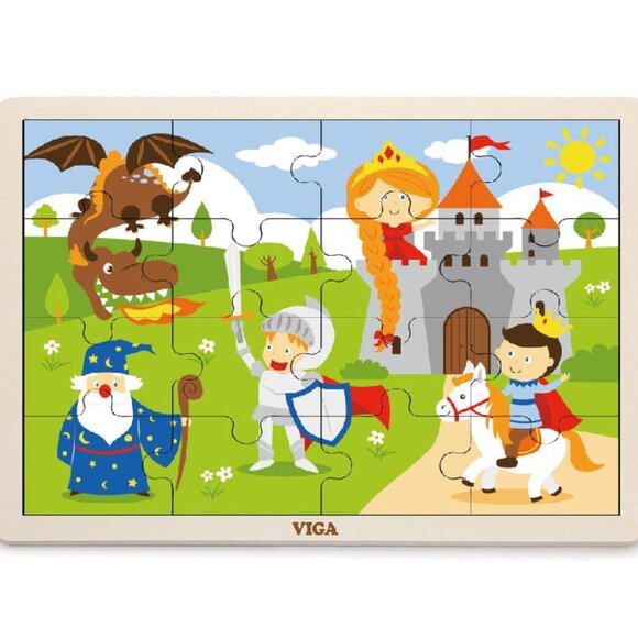 VIGA 16 Pcs Flat Wooden Puzzle w/Tray -Fairy Tale Knights New Sealed For Age 2+ - Picture 1 of 15